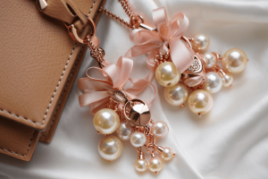 Charm trang trí túi xách với nơ, hạt ngọc